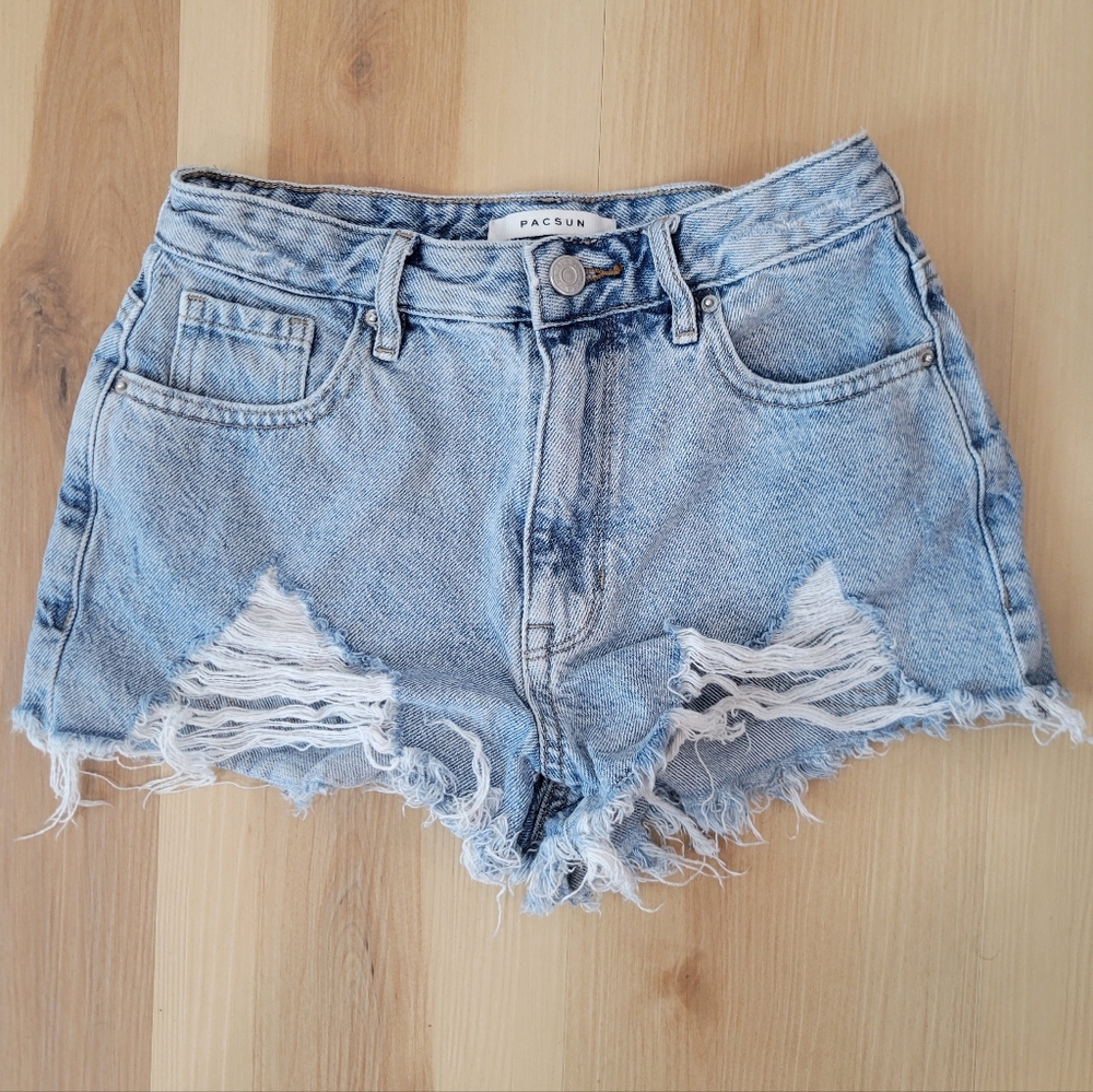 PacSun High Rise Distressed Cutoff Denim Shorts 24 Light Wash Festival